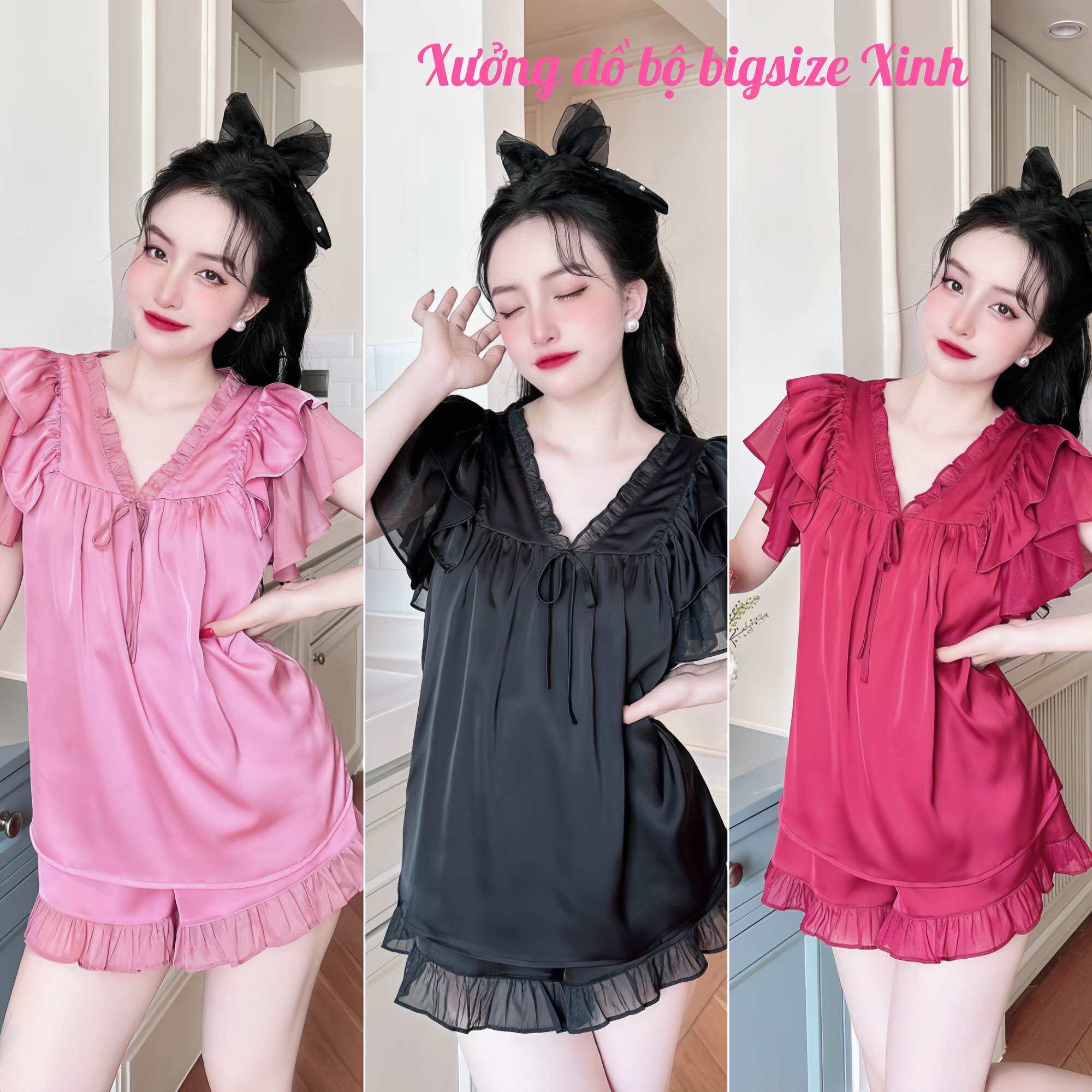 Đồ bộ nữ mặc nhà mùa hè bigsize 50-90kg bộ đùi cộc lụa latin phối tơ dễ thương