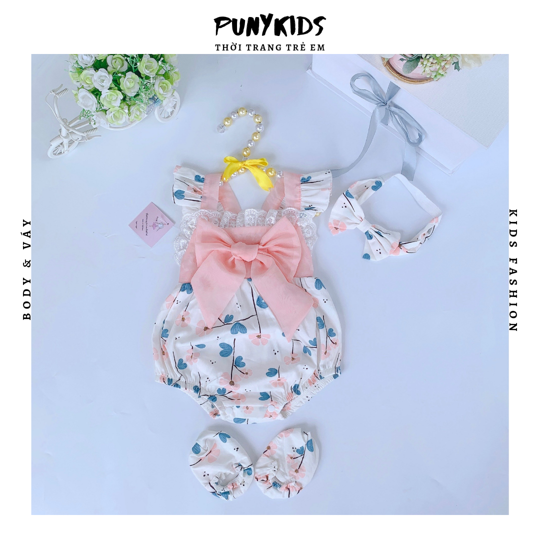 Set Bodysuits cho bé gái từ 4-11kg Punykids hoạ tiết hoa nơ ngực kèm turban và hài BD015