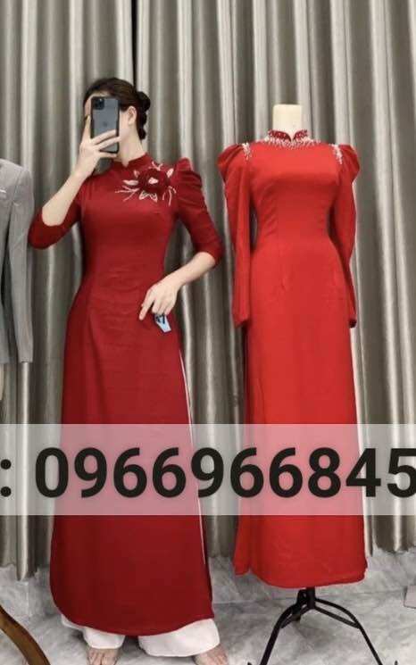 Áo dài đỏ Tây thi tay phồng đính hoa