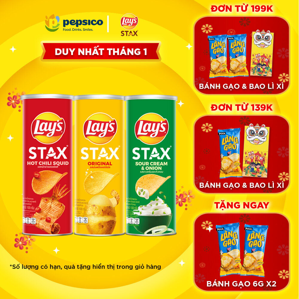 Combo 3 bánh Snack Lays Stax 100gr vị Tự nhiên Mực sốt cay Kem chua hành