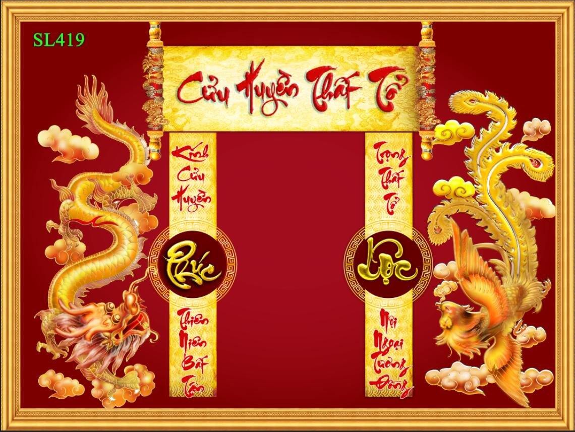 Tranh dán tường 3d dán bàn thờ ông bà chữ Cửu Huyền Thất Tổ SL419 - Tranh dán phòng thờ gia tiên - Tranh cuốn thư câu đối bàn thờ