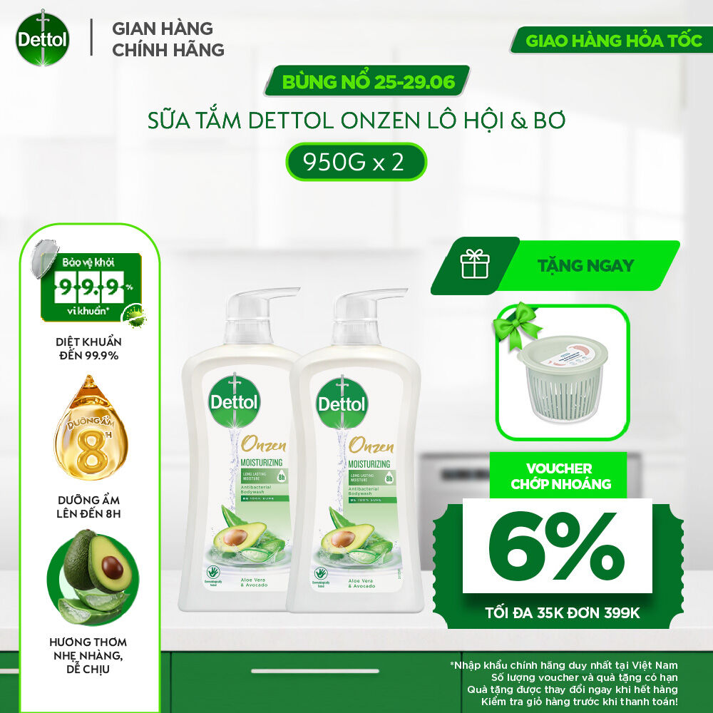 Combo 2 sữa tắm Dettol onzen kháng khuẩn dưỡng ẩm lô hội  bơ - Chai 900g