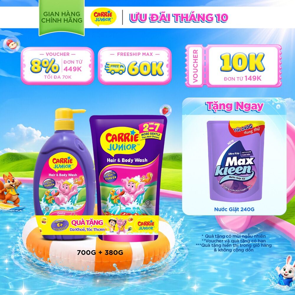 [Tặng kèm túi 380g] Sữa Tắm Gội cho bé Carrie Junior Hương Trái Cây Thiên Nhiên 700g