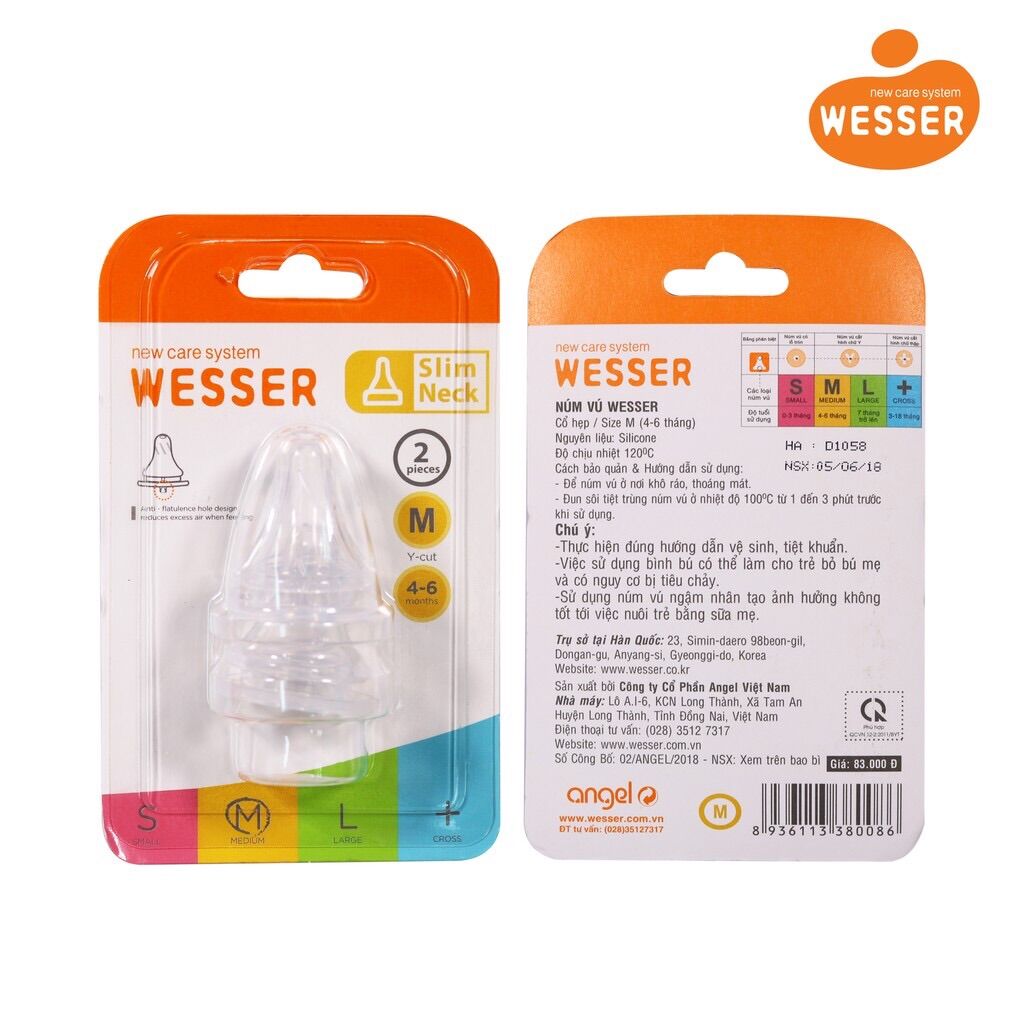 Núm Vú Wesser silicone Cổ Hẹp cho bé Size S M L+