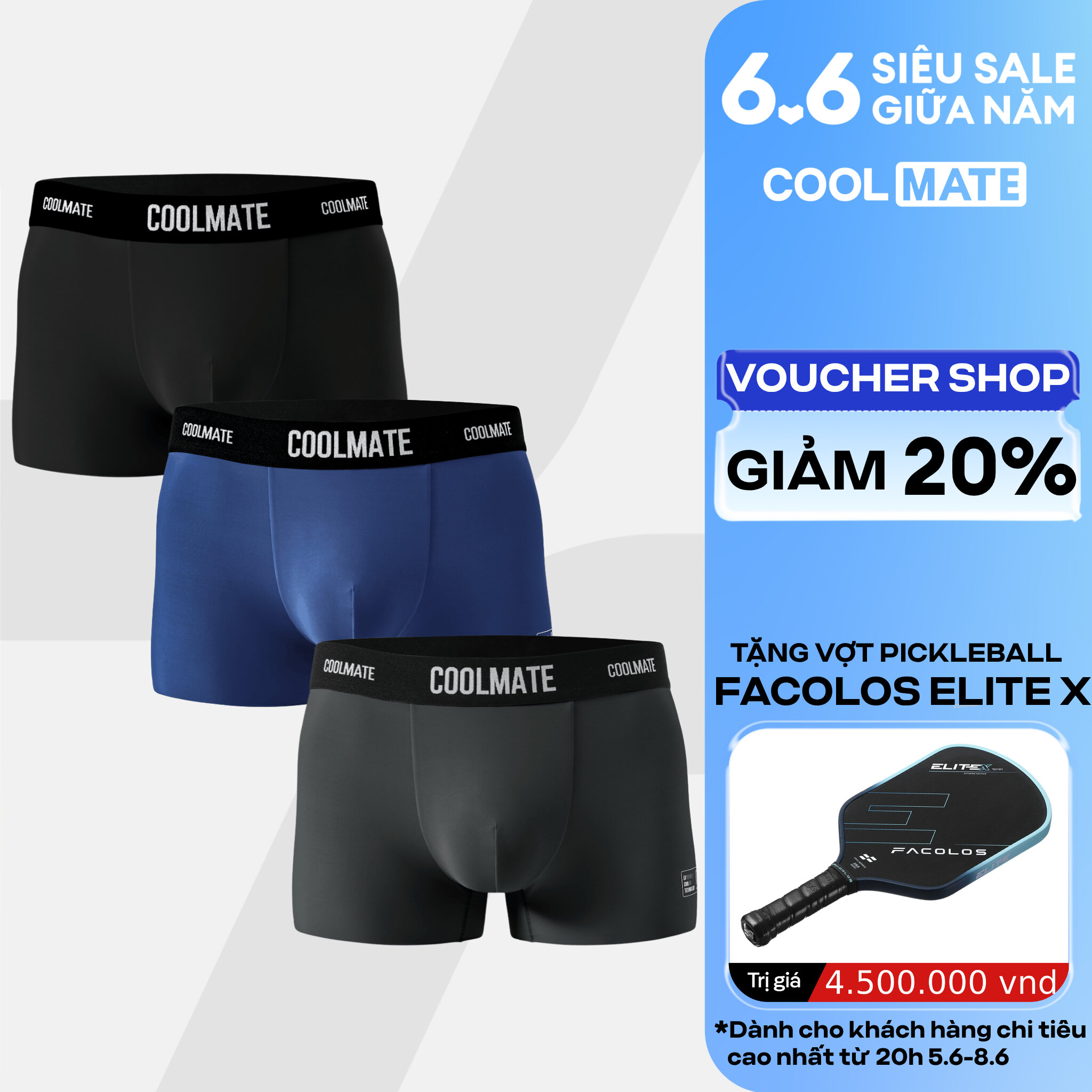 Combo 3 quần lót Trunk Excool Clean Cut mát mẻ, co giãn, siêu thấm hút Coolmate