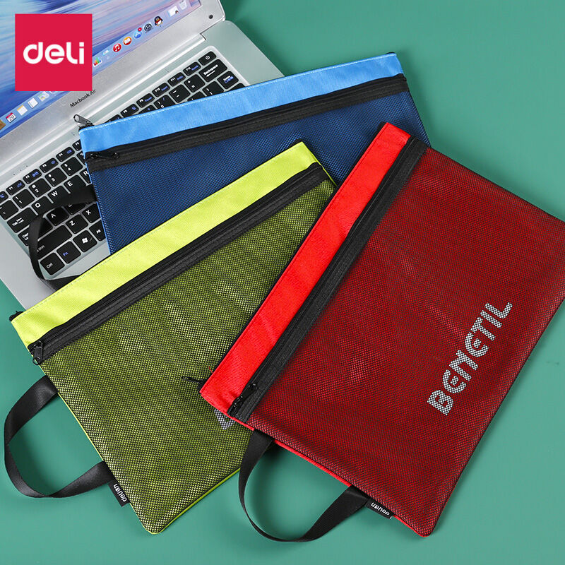 Deli Double-Layer Zipper Bag A4 Portable Document Bag Student Large Capacity Multi-Layer Canvas Hand Carrying Examination Paper Bag Waterproof Office Oxford Cloth Information Bag Middle School Students Subject Classification Homework Book Bag