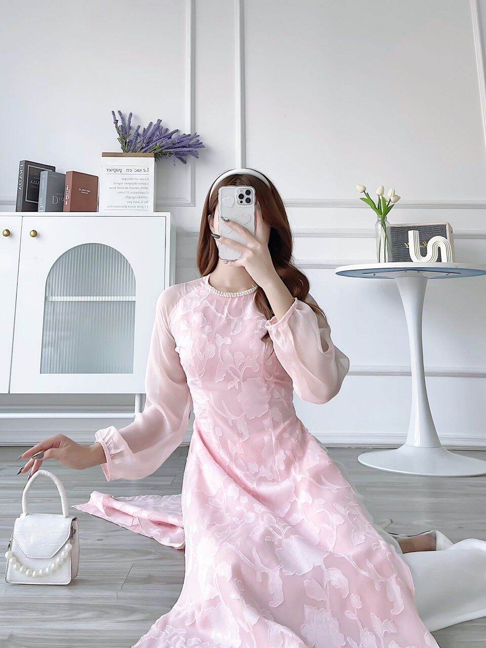 PT21 Áo dài Tết áo dài cách tân 4 tà hoa nhí mềm mại điệu đà cho nàng