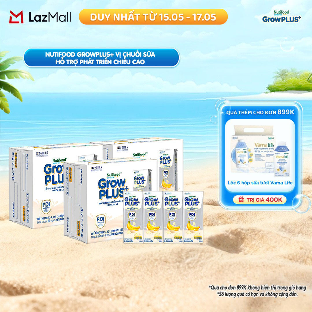 Combo 3 Thùng 24 hộp Sữa bột pha sẵn Nutifood Sweden GrowPLUS+ Vị Chuối Sữa hộp 180ml - Hỗ trợ phát triển chiều cao