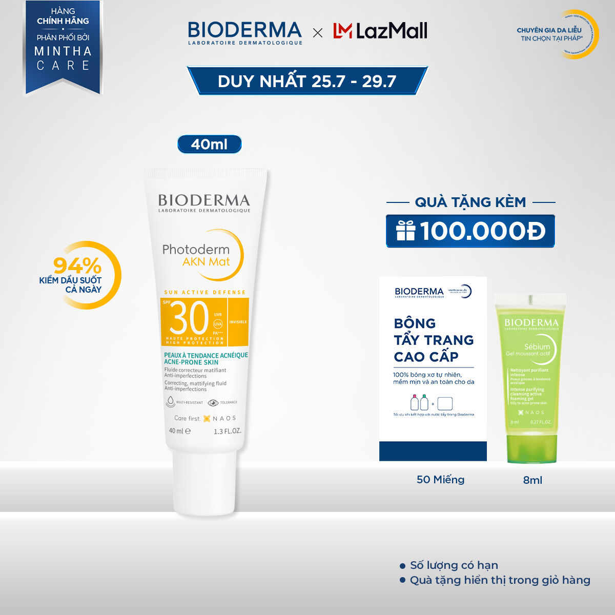 Kem chống nắng dành cho da hỗn hợp, da dầu và da mụn Bioderma Photoderm AKN Mat SPF30 - 40ml