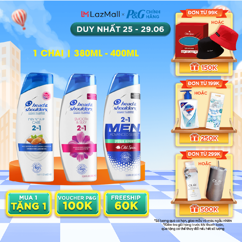 [MUA 1 TẶNG 1 QUÀ] Dầu Gội Xả HEAD & SHOULDERS 2IN1 Chai 370ml Nhiều Mùi Hương Classic Clean/Dry Scalp Care/Smooth & Silky/Pure Sport - Nhập Khẩu Mỹ