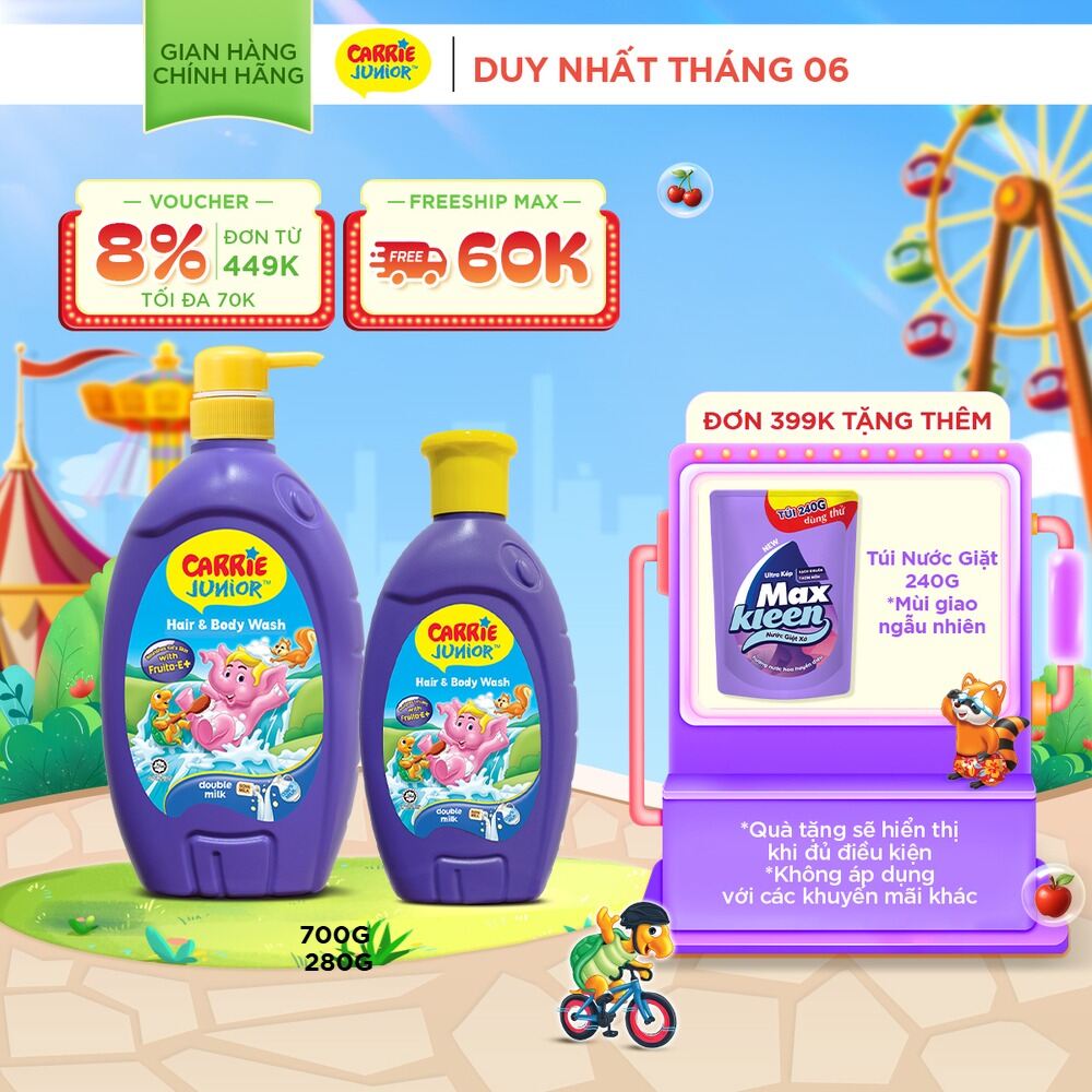 Combo Sữa Tắm Gội cho bé Carrie Junior chiết xuất trái cây thiên nhiên Tinh Chất Sữa 700g + 280g