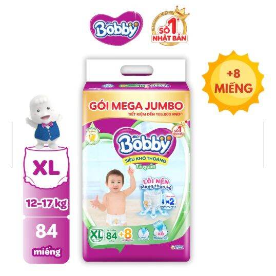Tã bỉm quần bobby xl 84 + 8 miếng xl84+12 miếng, mẫu mới gạo non