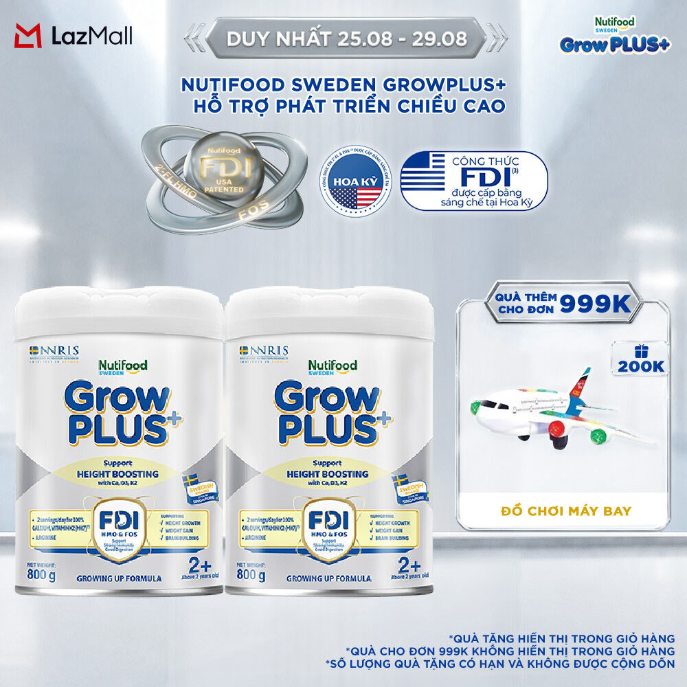COmbo 2 Sữa Bột Nutifood Sweden GrowPLUS+ Cao lớn vượt trội - Hỗ trợ phát triển chiều cao trên 2 tuổi (Bạc) 800g