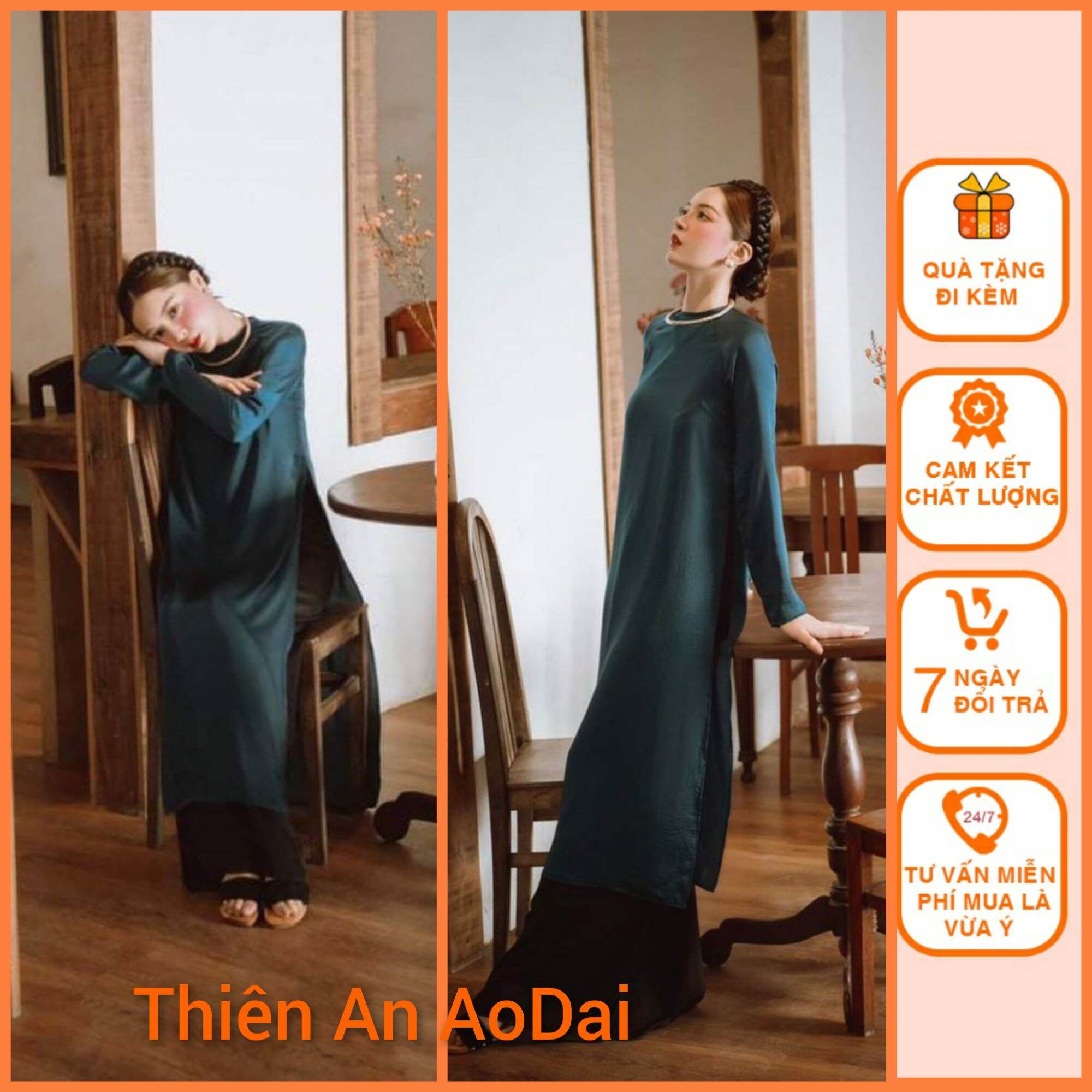 Áo dài dáng xưa vải lụa cao cấp màu xanh than