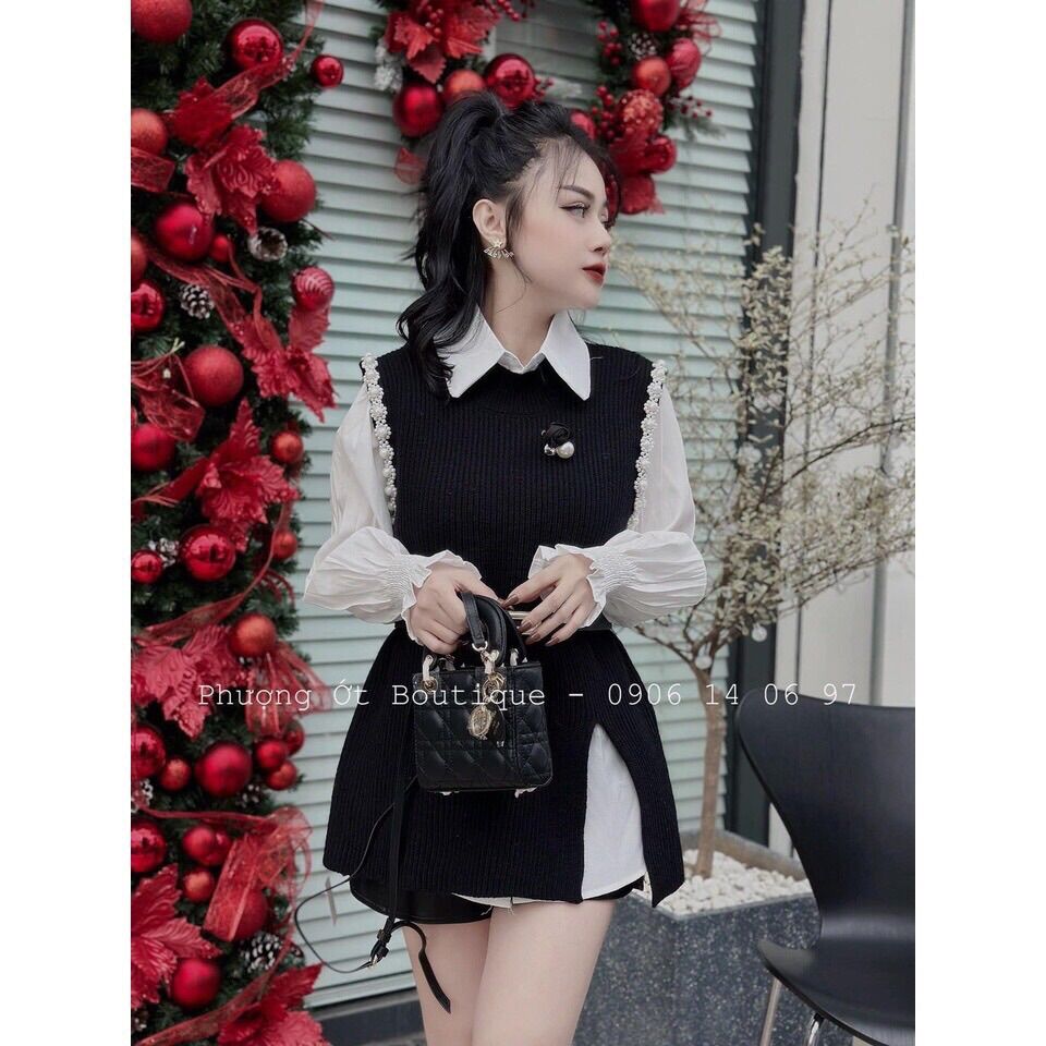 Set 3 món gi-lê xẻ tà sơ mi kèm đai thắt eo