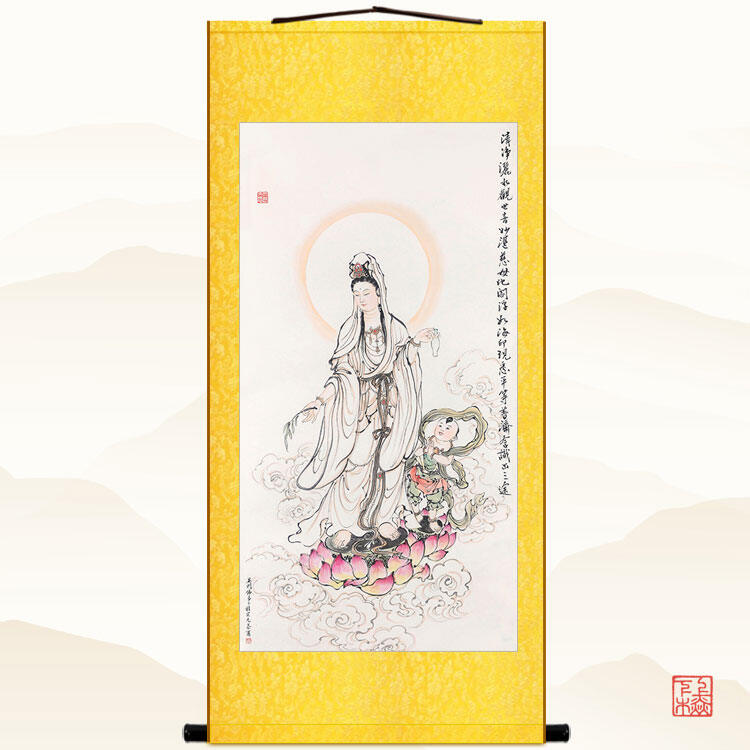 Tranh bồ tát quan thế âm tượng quan âm tranh thủy mặc nương nương nương quan âm chất liệu vải lụa tranh treo cuốn trục cuốn thư phòng phật đường tranh trang trí
