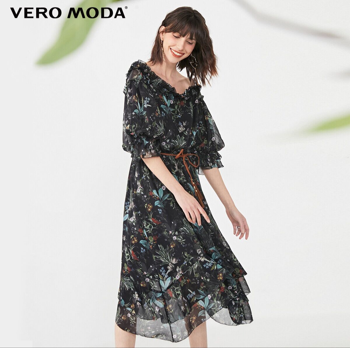 [Size S-M-L] Vero Moda Đầm hoa maxi trễ vai kèm dây thắt nơ eo