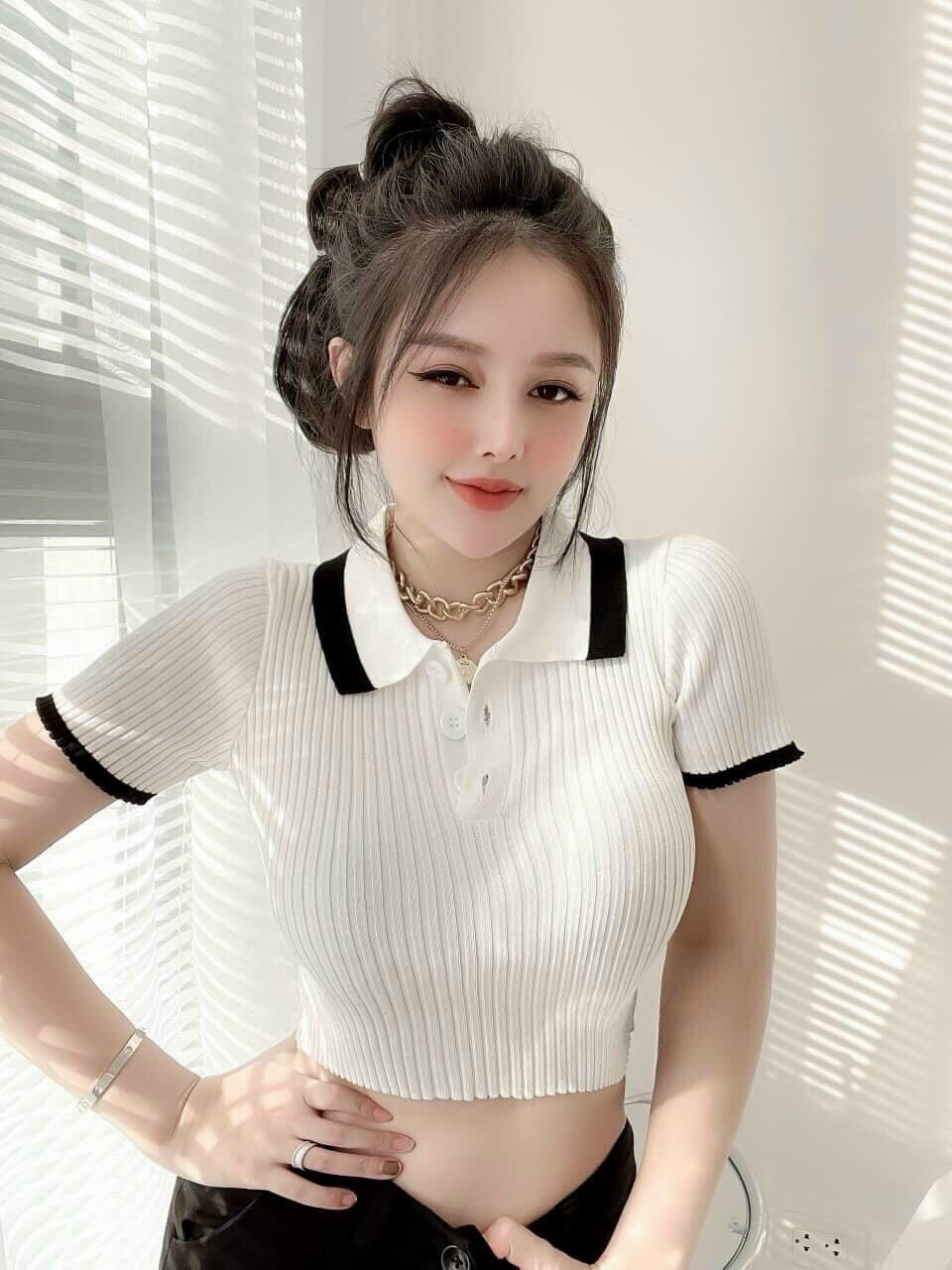 Áo kiểu thun gân viền cổ croptop bẻ xinh