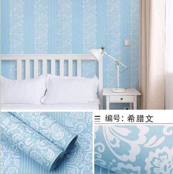 10 mét giấy dán tường có keo sẵn khổ rộng 45cm - mẫu sọc xanh cổ điển trắng