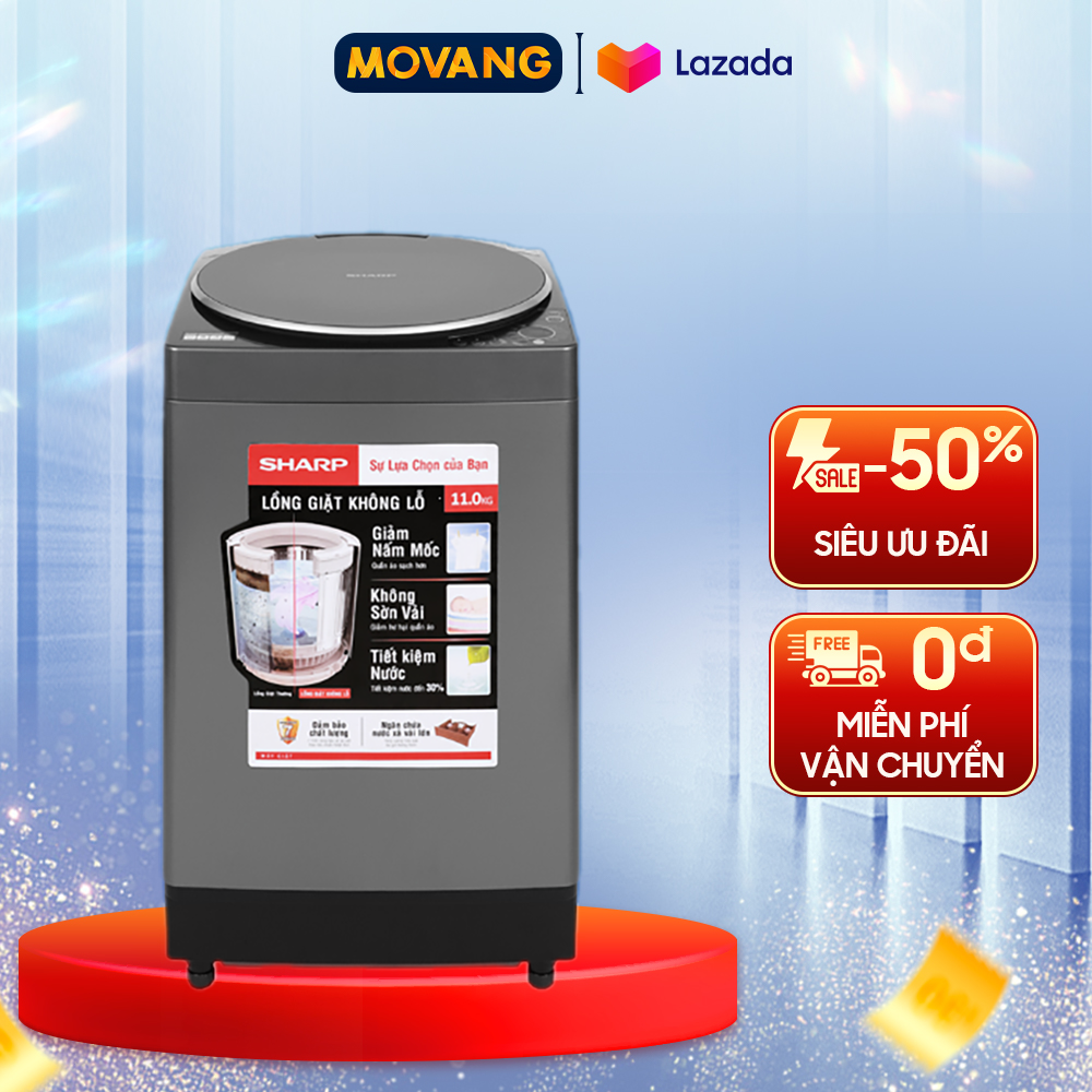 [GIAO TẠI HCM] -  Máy giặt Sharp 11Kg ES-W110HV-S - Loại máy giặt:Cửa trên - Truyền động:Bằng dây Curoa - Công nghệ giặt:Mâm giặt Dolphin Ag+ Mâm giặt Screw + Dolphin