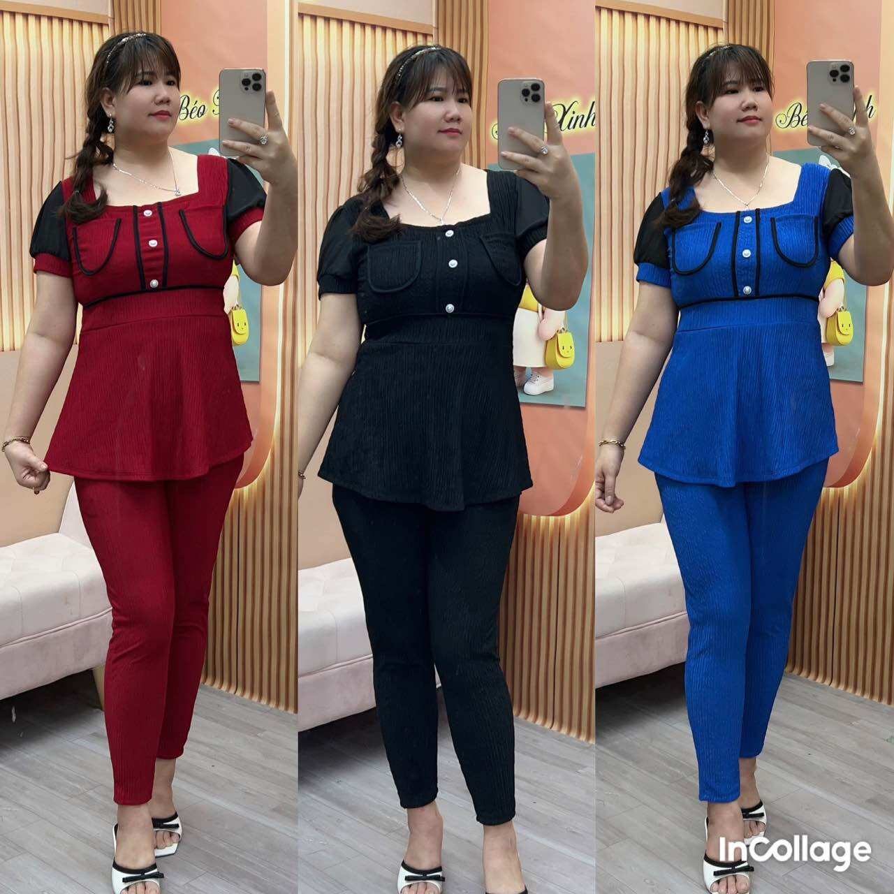 Sét thiết kế quần ôm 9 tấc áo peplum viền hi túi nổi bigsize nữ 60-95kg