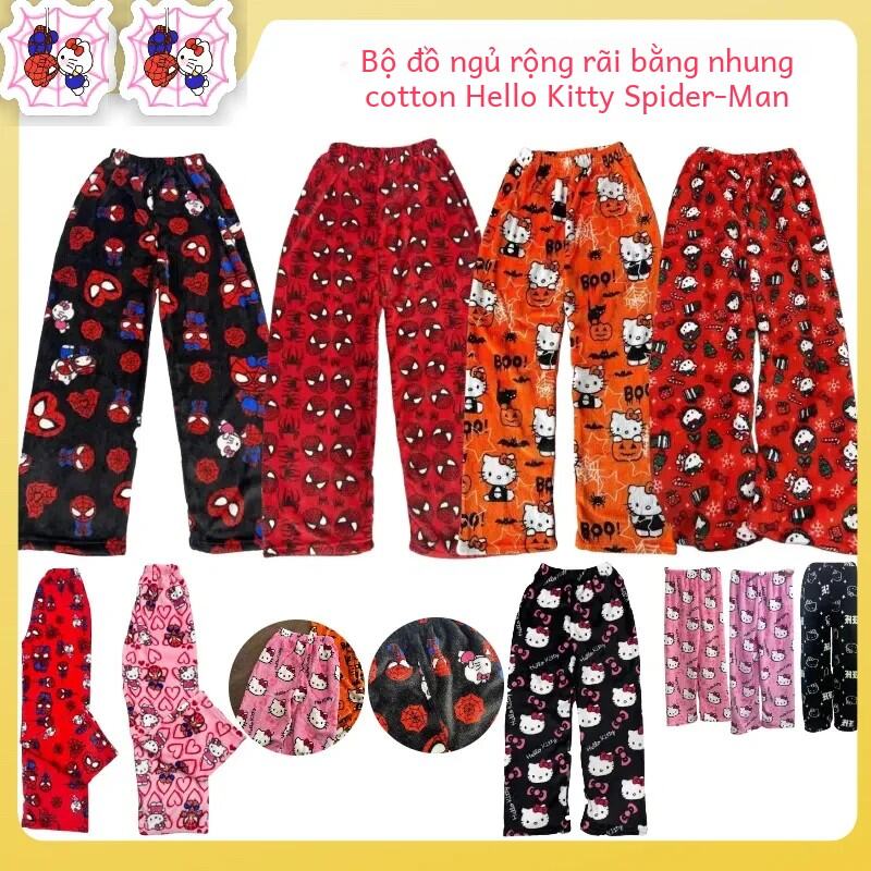 Unisex Cotton Nhung Bộ Đồ Ngủ Hello Kitty Người Nhện Quần Dài Halloween Hoạt Hình Đồ Ngủ Dáng Rộng P