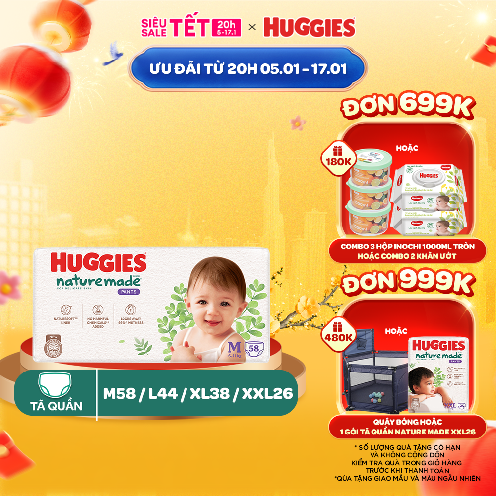 Tã/Bỉm quần Huggies Platinum NatureMade M58/ L44/ XL38/ XXL26