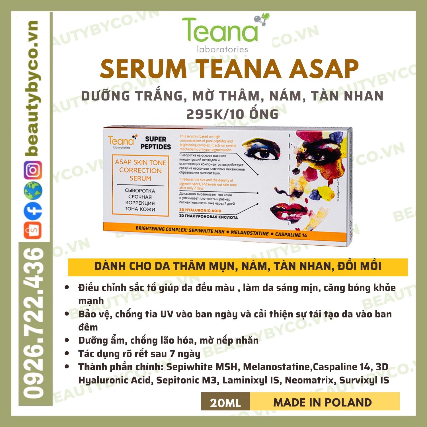 Serum Teana Asap Super Peptide Mờ Thâm Đen Thâm Đỏ Nám Tàn Nhan Hộp 10 Ống