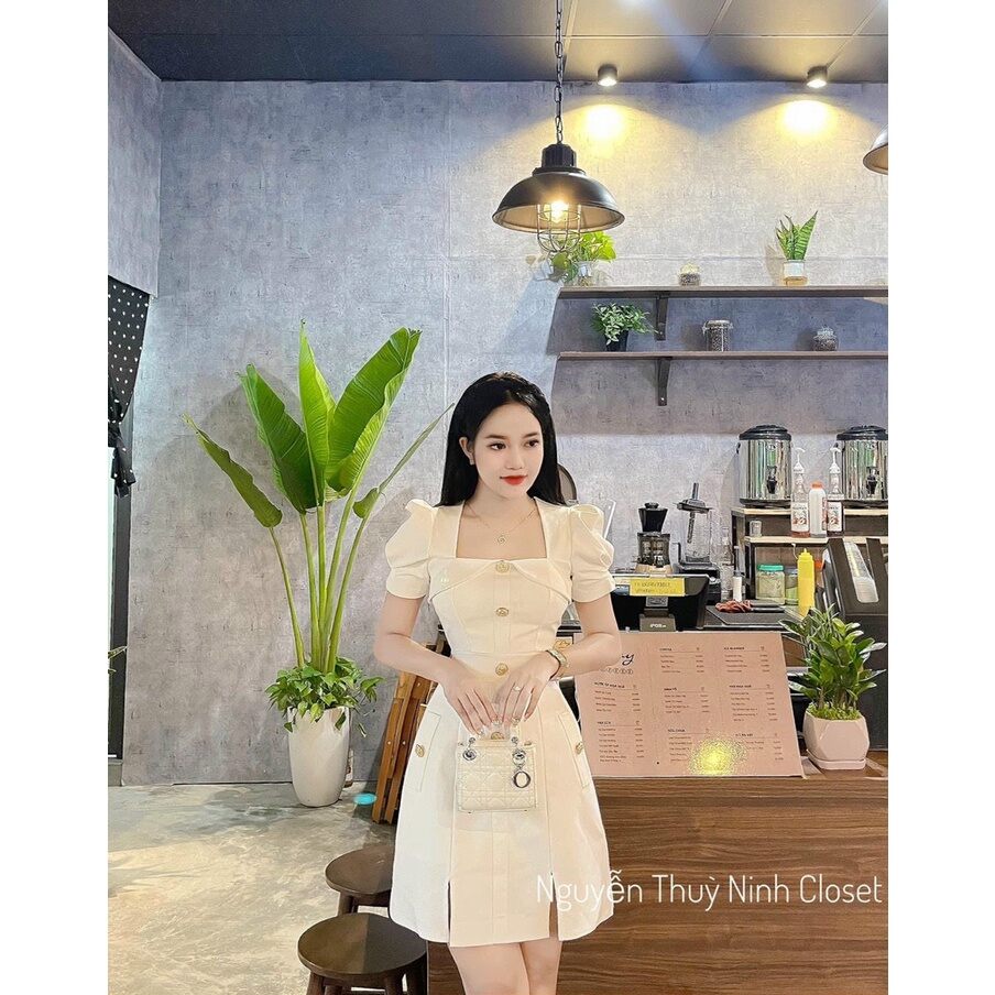 Váy đầm nữ dự tiệc sang trọng, đầm công sở thiết kế cổ vuông đính nút thanh lịch cho các nàng đi làm, đi chơi