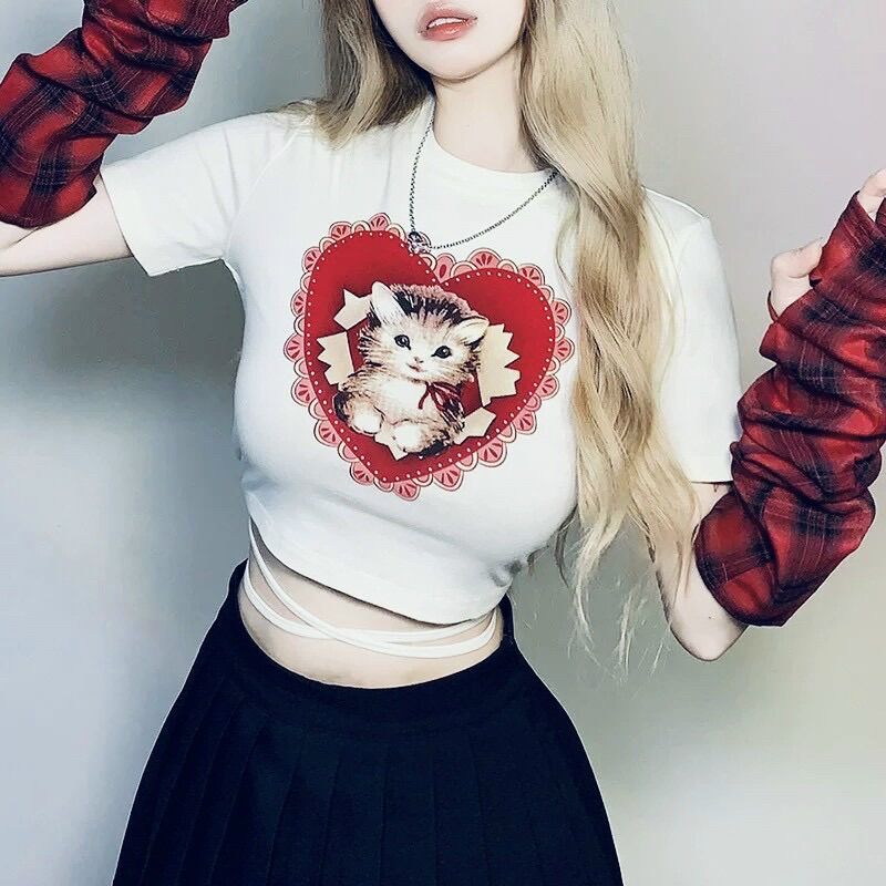 Áo croptop trái tim mèo quấn eo BG