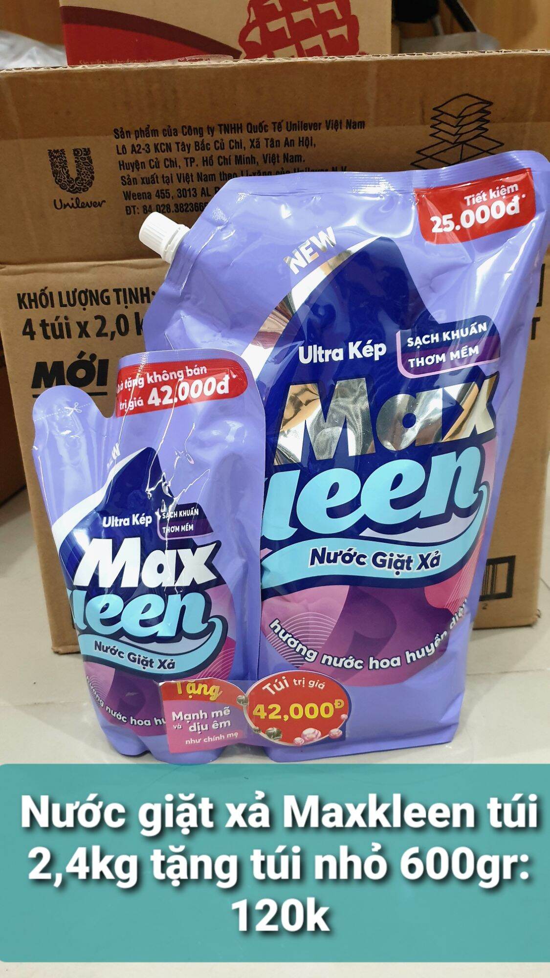 Nước giặt xả Max Kleen 2,4kg tặng 1 bịch 600gr cùng loại
