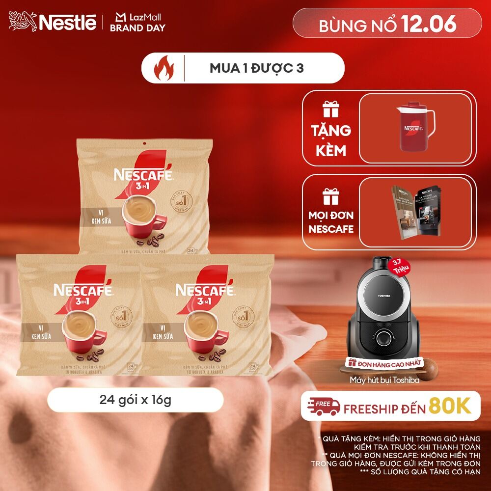 [FREESHIP HCM] Combo 3 bịch Cà phê hòa tan NESCAFÉ 3IN1 VỊ KEM SỮA Bịch 24 gói ĐẬM VỊ SỮA, CHUẨN CÀ PHÊ