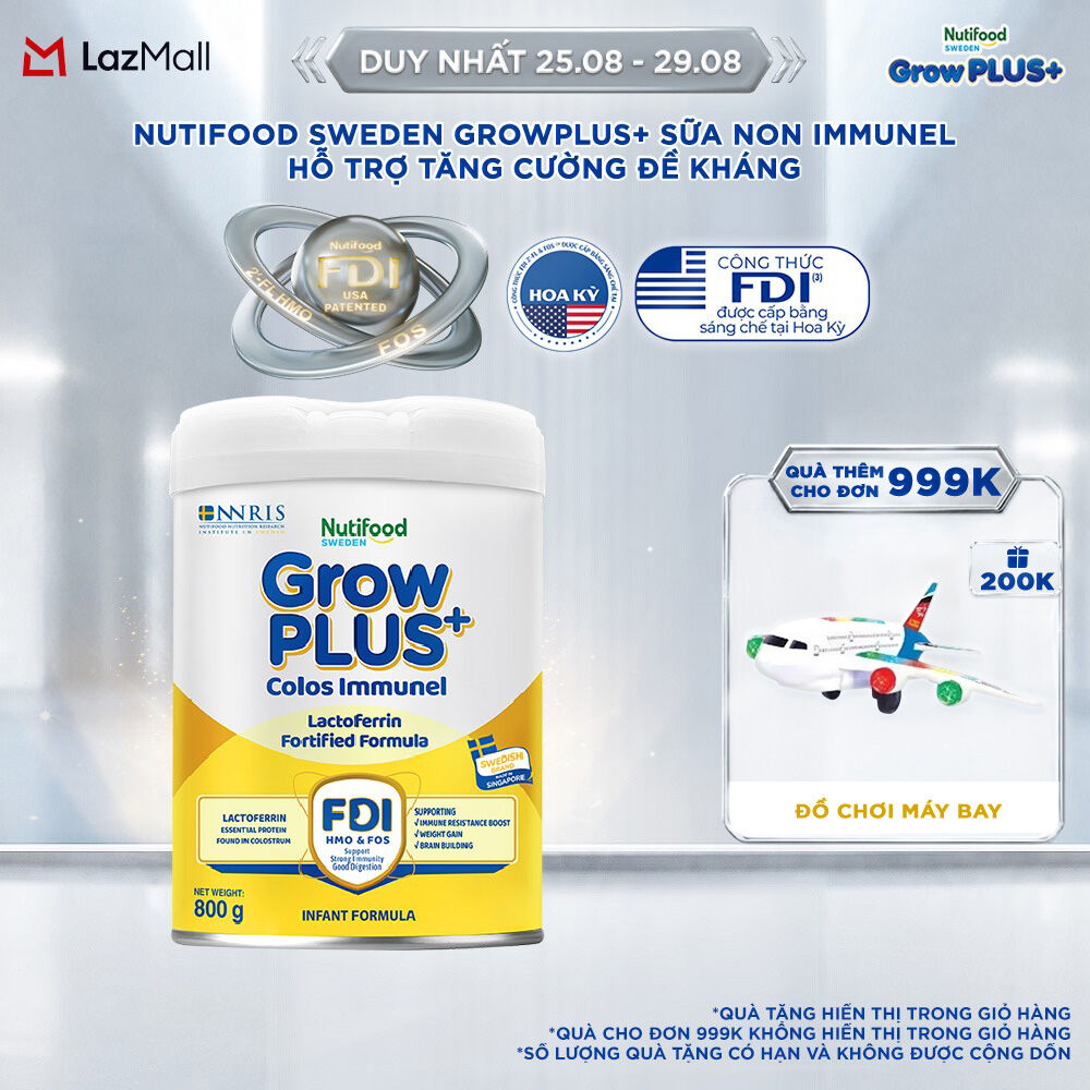 Sữa Bột Nutifood Sweden GrowPLUS+ Sữa Non Immunel từ 1 - 2 tuổi lon 800 g (Bao bì tuỳ lô hàng)