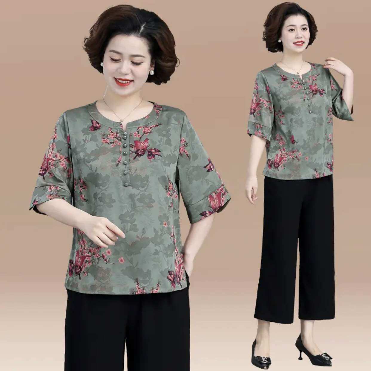 Đồ bộ trung niên cho mẹ cho bà chất lụa pháp mềm đẹp, đồ bộ quần đen phối áo tay lỡ nt06