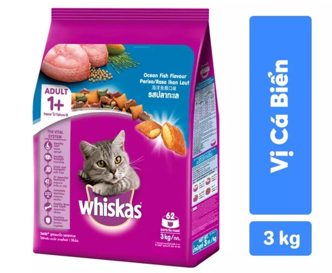 Thức ăn dạng hạt Whiskas cho mèo vị Cá biển 3kg