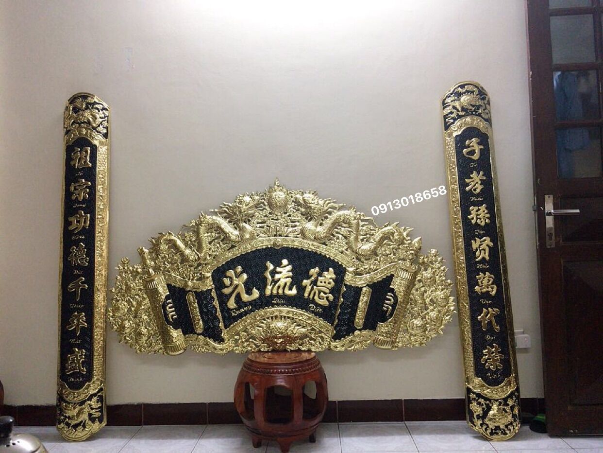Bộ hoành phi câu đối bộ cuốn thư câu đối 1m55 gồm 1 mặt cuốn thư + 2 câu đối 1m55x81