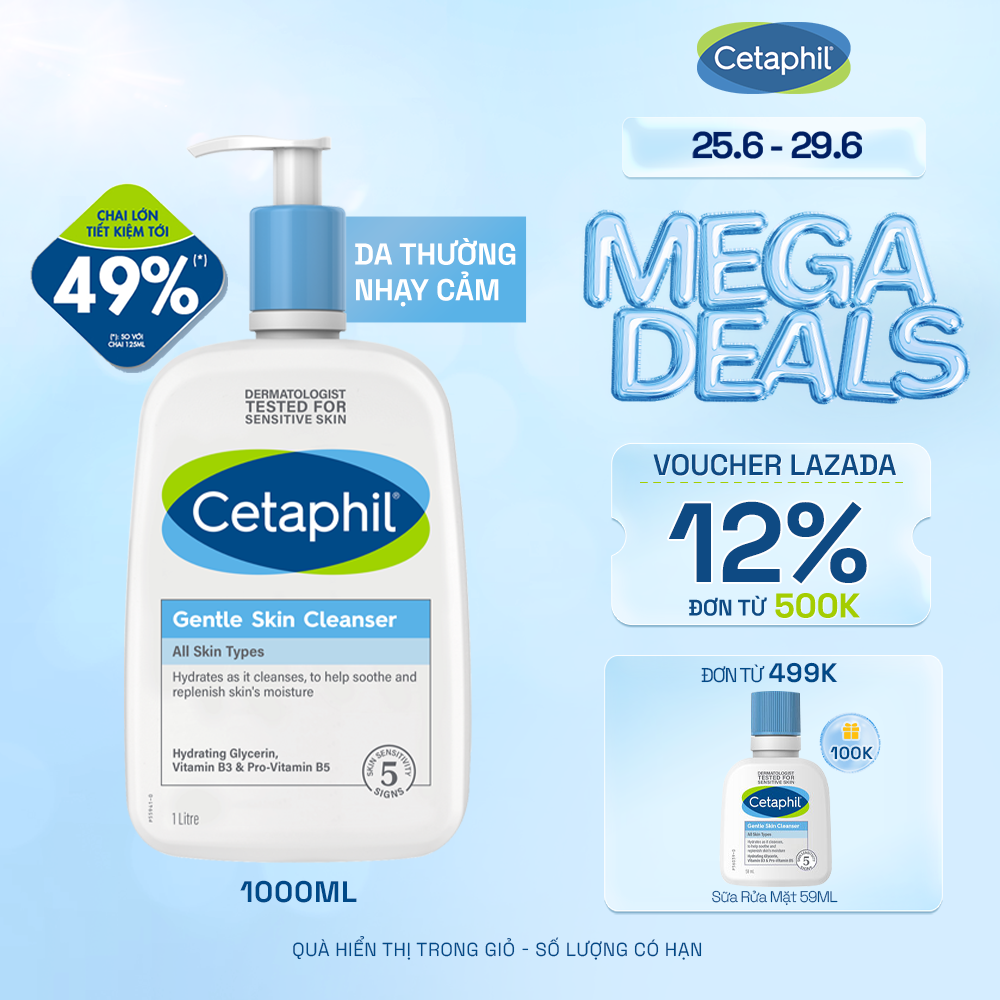 [VOUCHER GIẢM ĐẾN 12%] Sữa rửa mặt dịu lành cho da nhạy cảm Cetaphil Gentle Skin Cleanser 1000ml