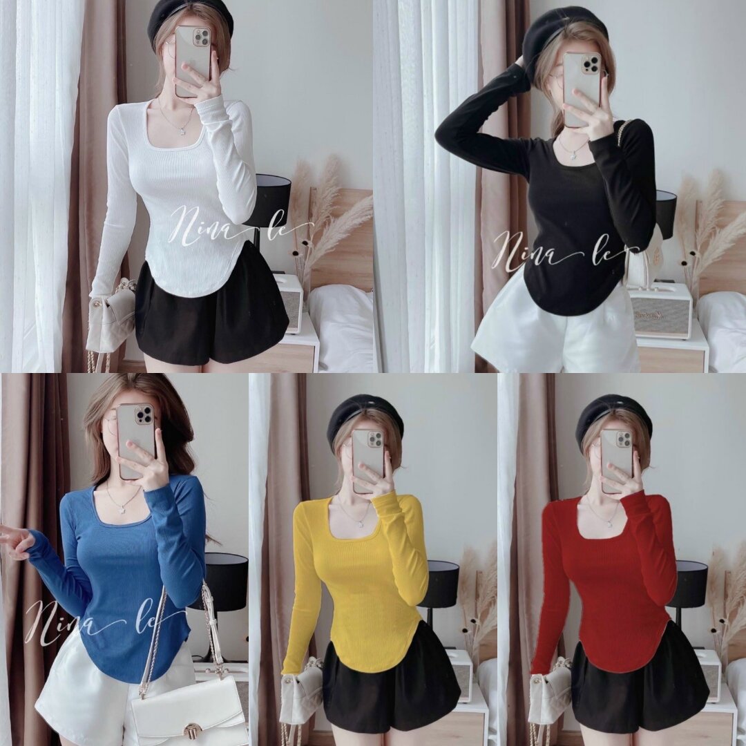 Áo cổ u vạt bầu tay dài thun gân