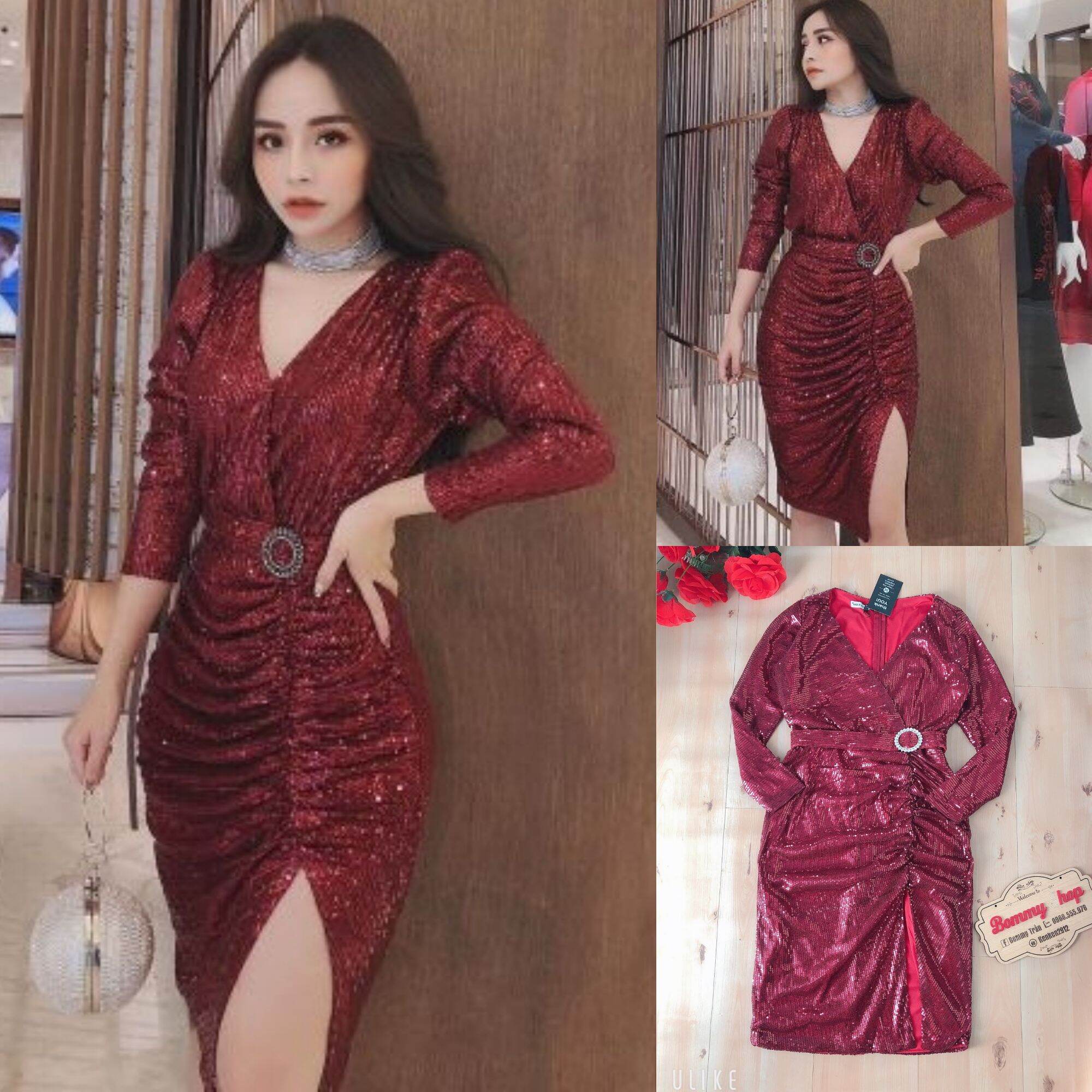 Đầm Body Kim Sa Cao Cấp eo phối belt đá xẻ đùi