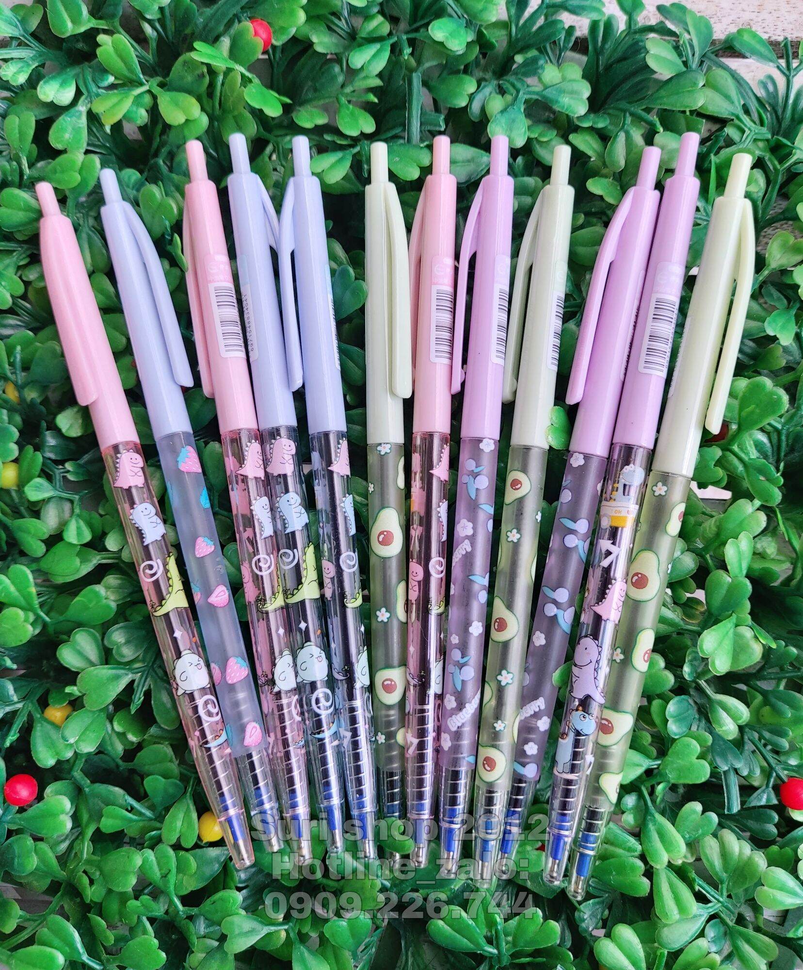 Combo 12 cây bút bi bấm mực xanh mini thân bút in hoạ tiết dễ thương