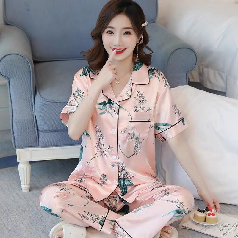 Pizama phi lụa họa tiết lá Tay Ngắn dễ thương - Y22