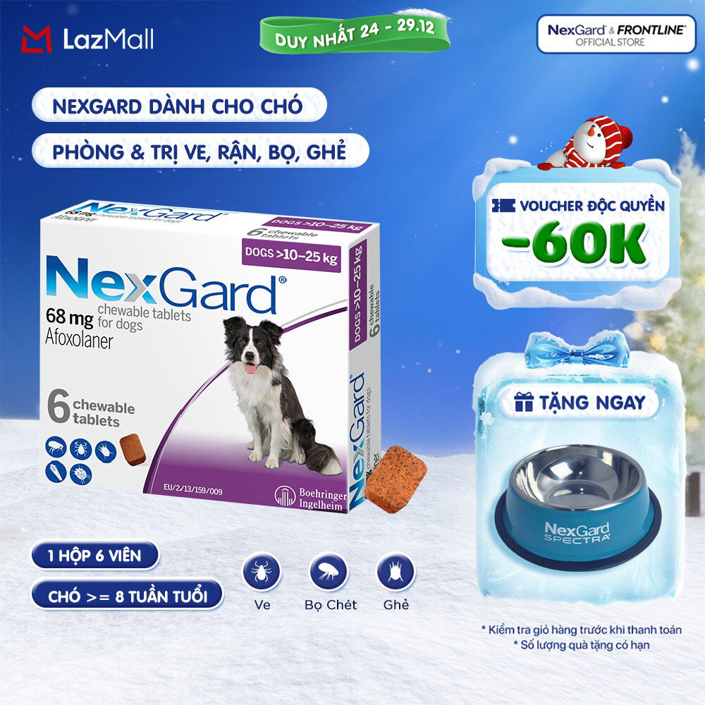  NexGard - Viên nhai mềm phòng & trị ve rận bọ chét ghẻ dành cho Chó size L  10-25kg  - 1 hộp 6 viên 