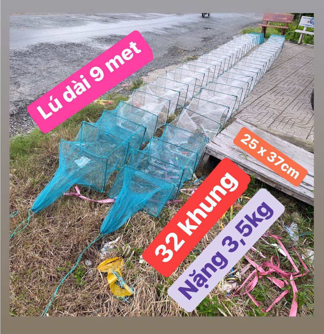 Lú dây bát quái 32 khung, 26 cửa ngục, dài 9m- nặng 3,5kg-Khung 25 x 37cm, Mắt lưới 1,5p ,Bắt Cá