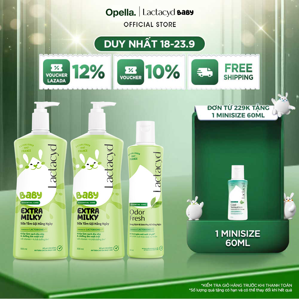 Bộ 2 Chai Sữa Tắm Gội Trẻ Em Lactacyd Baby Extra Milky Làm Sạch Dịu Nhẹ và Dưỡng Ẩm Vượt Trội Size Jumbo 800ml + Chai Dung Dịch Vệ Sinh Phụ Nữ Lactacyd Odor Fresh Ngăn Mùi 24H 250ml