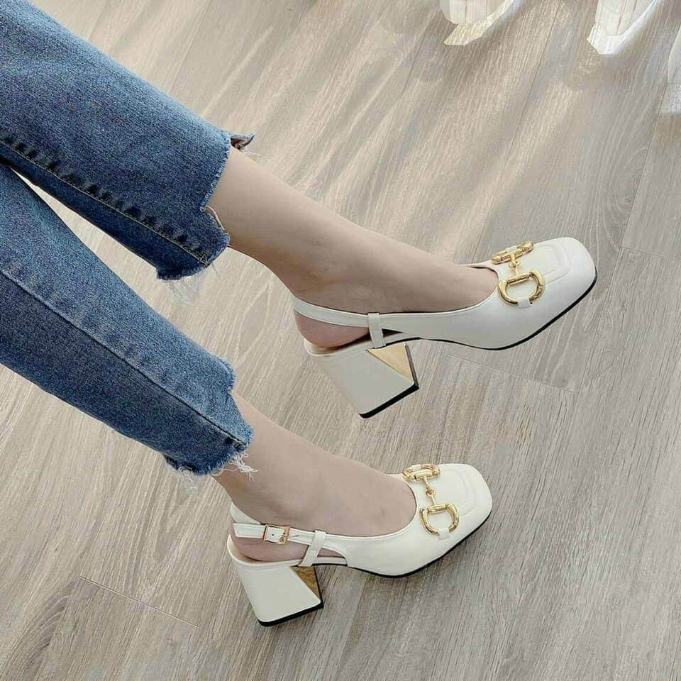 GIÀY GÓT NỮ ĐẾ VUÔNG PHỐI ĐỒNG GUCCI CHUẨN LOẠI 1_MÃ GUCCI004_ĐEN&TRẮNG GÓT 7CM