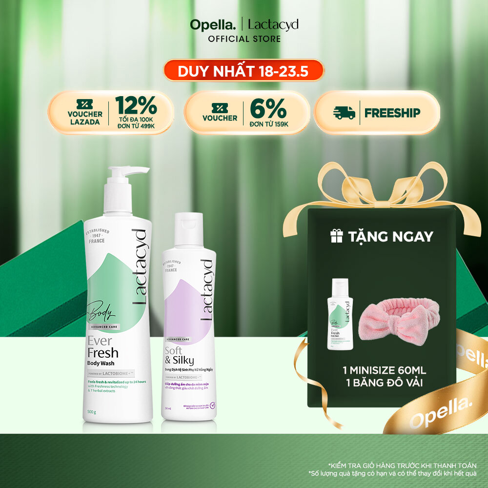 Bộ 1 Sữa tắm Lactacyd Ever Fresh mang lại làn da thơm mát và tràn đầy sức sống đến 24 giờ + 1 DDVS Phụ nữ Lactacyd Soft  Silky Dưỡng Ẩm 250ml Women Cấp Ẩm