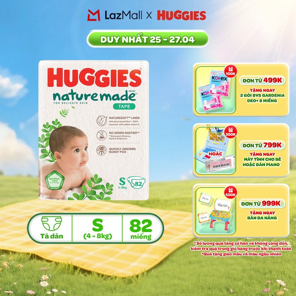 Tã/Bỉm dán sơ sinh Huggies NatureMade Super Jumbo NB60/S82