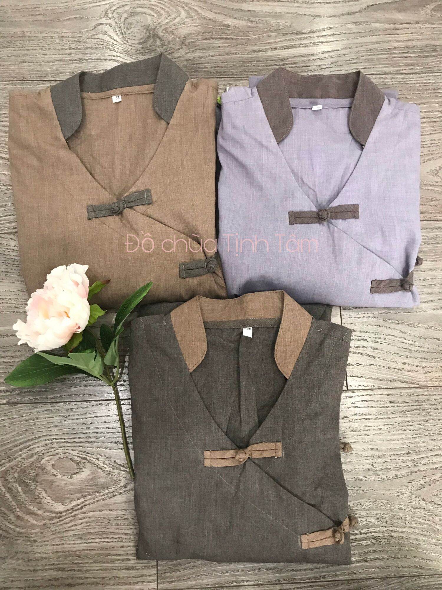 Set pháp phục đi chùa thêu hoa 5 nút