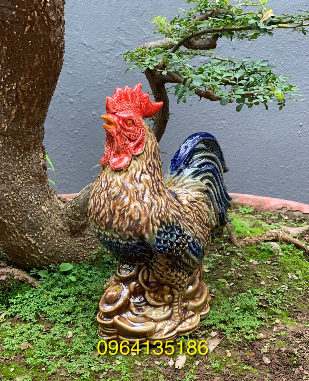 Tượng gà trống gáy chiêu tài lộc h24cm gốm sứ Bát Tràng