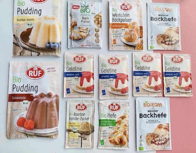 Nguyên liệu làm bánh hữu cơ cho bé Ruf gelatine, bột nở, pudding vani, thạch agar, men nở date mới